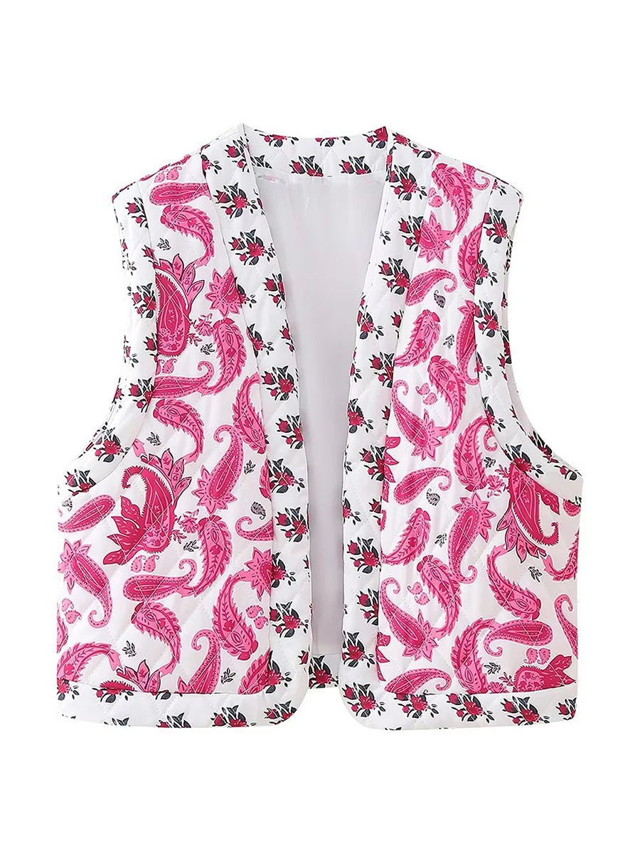 Chaleco acolchado con estampado Floral para mujer, chaqueta frontal abierta sin mangas, Tops sin mangas, Otoño e Invierno