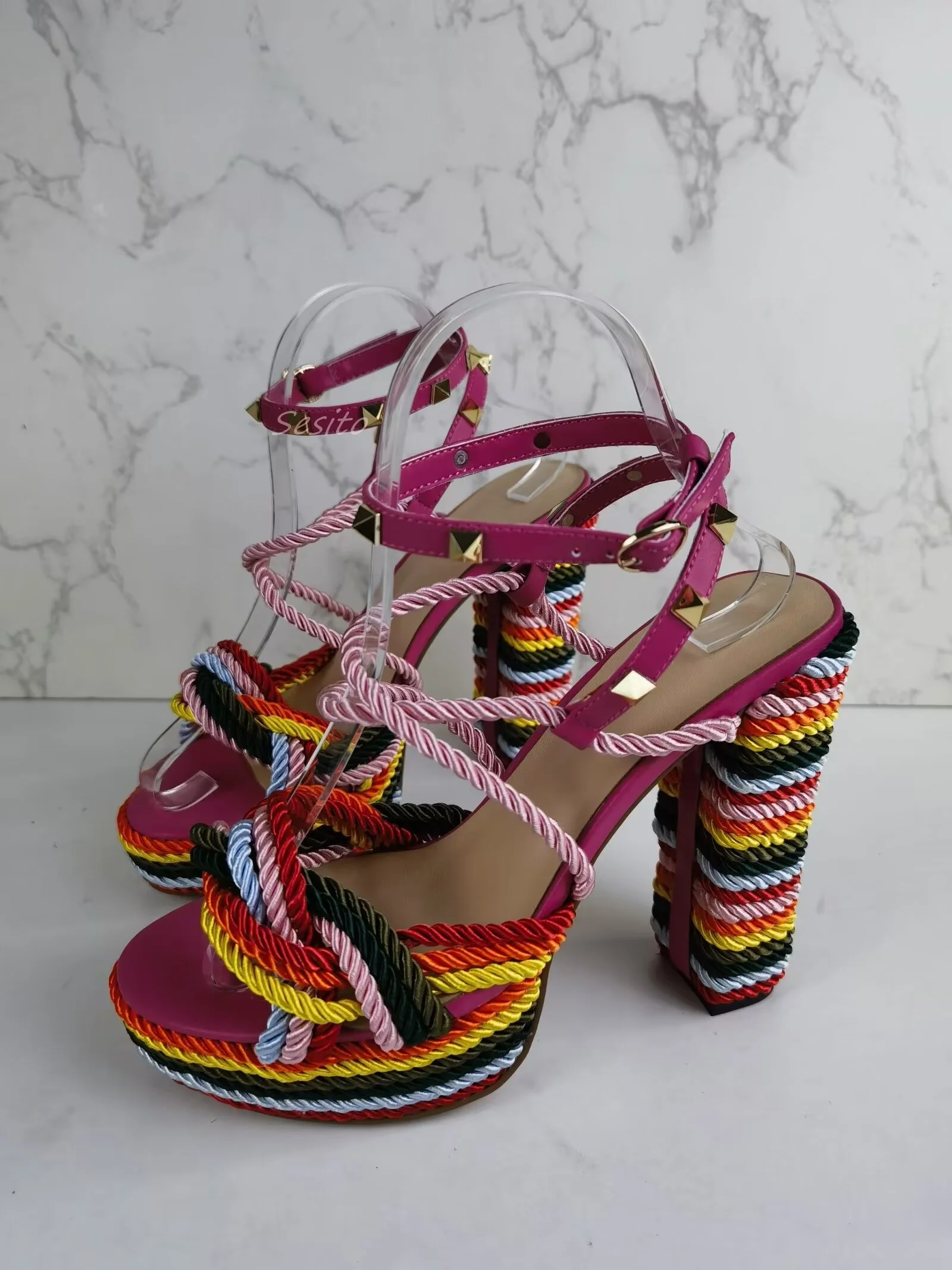 Colorful Rope Platform Sandals Block High Heels Open Toe Ankle Lace Up Fashion Women Summer Dress Party Daily Shoes Rubber Sole