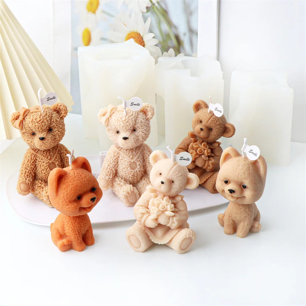 3D Flower Teddy Bear Candle Mold DIY Baby Bear Pomeranian Puppy Silicone Fondant Soap Making Mold for Cake Baking Topper Decor