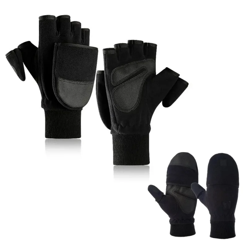 Warm Gloves Winter Flip Cover Black Fishing Gloves Half Finger Anti-Slip Breathable Camera Photography Outdoor Warm Gloves