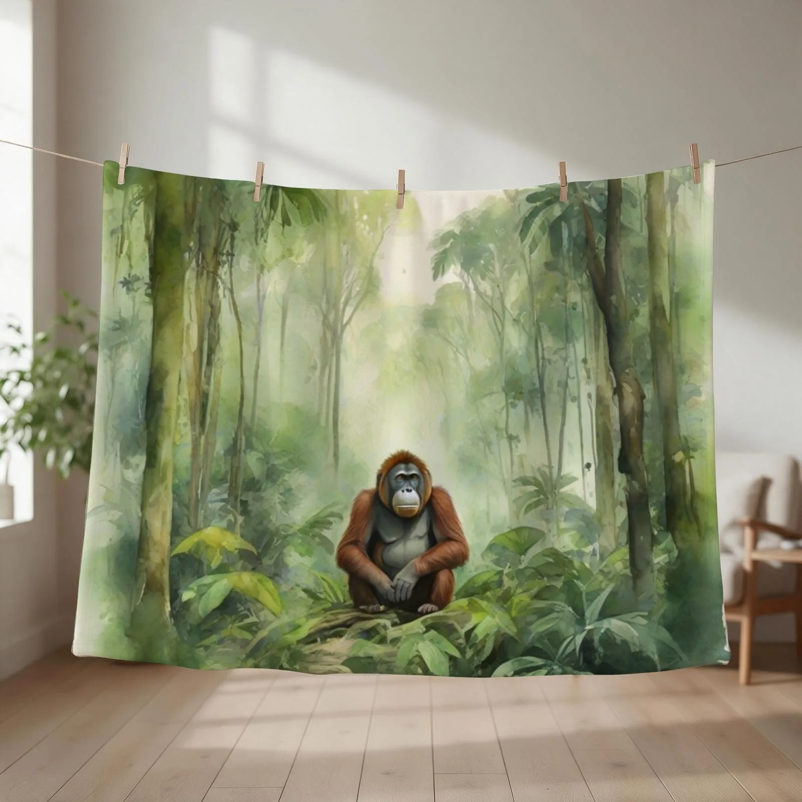 orangutan in Green forest_watercolour Throw Blanket couch cozy soft plush fuzzy picnic outdoor blanket