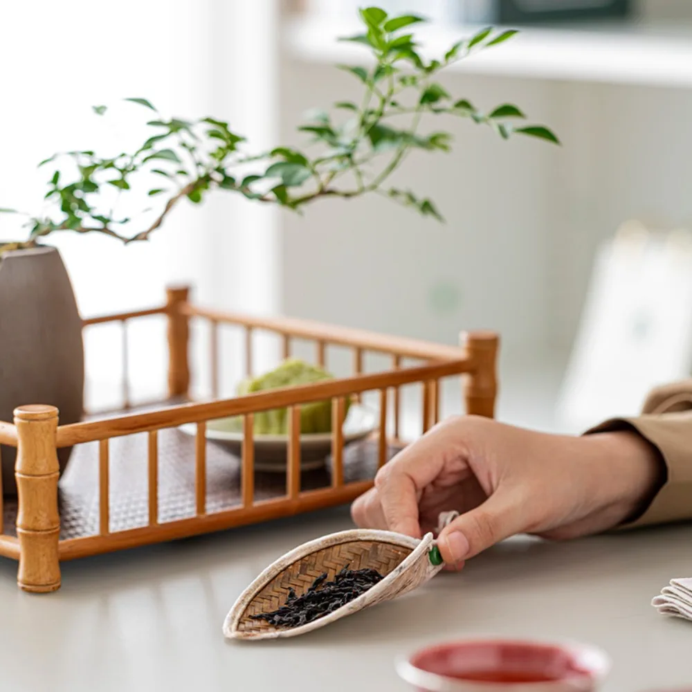 

Tea Vessel Bamboo Woven Tea Chaze Oval Chinese Style Tea Shovel Retro Tea Tray Tea Room