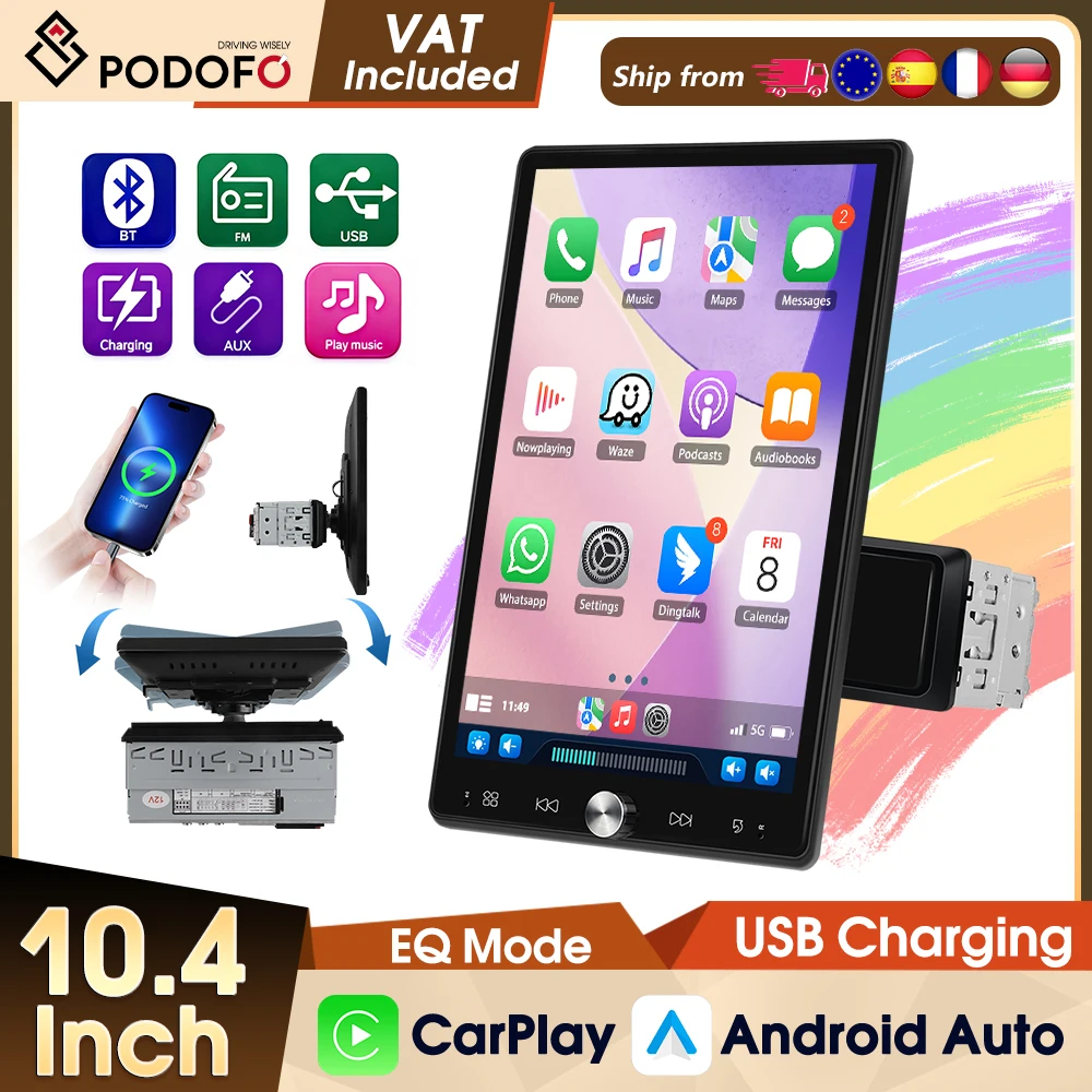 Podofo Autoradio 10,4'' 1 Din FM RDS EQ Auto-MP5-Multimedia-Player Kabelloses Carplay Android Auto IPS-Bildschirm Bluetooth Autoradio