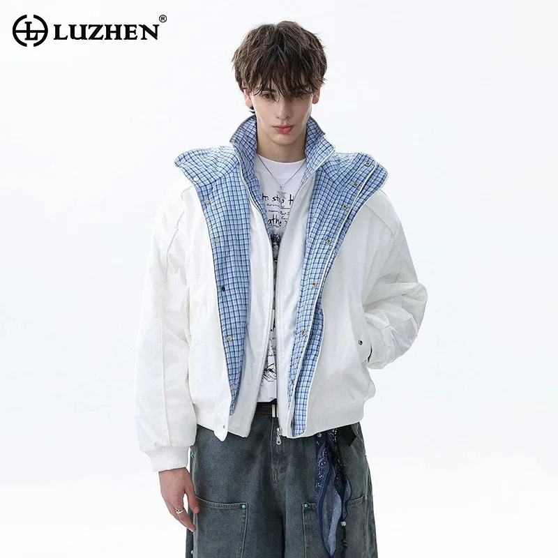 

LUZHEN 2025 зимнее новое клетчатое двухслойное стеганое пальто с искусственным принтом из двух предметов, мужская стильная парка высокого качества JY5100