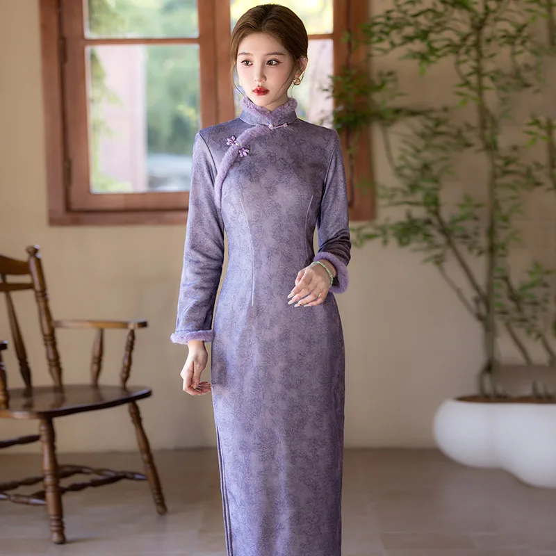 

Yourqipao Зимнее фиолетовое вечернее платье Ципао в китайском стиле на флисовой подкладке с длинными рукавами и длинными рукавами для женщин