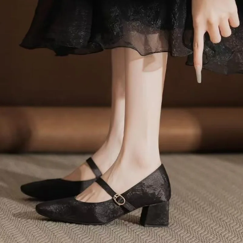 

2025 Высококачественные туфли Мэри Джейн с квадратным носком и пряжкой на толстом каблуке 7 см/5 см.