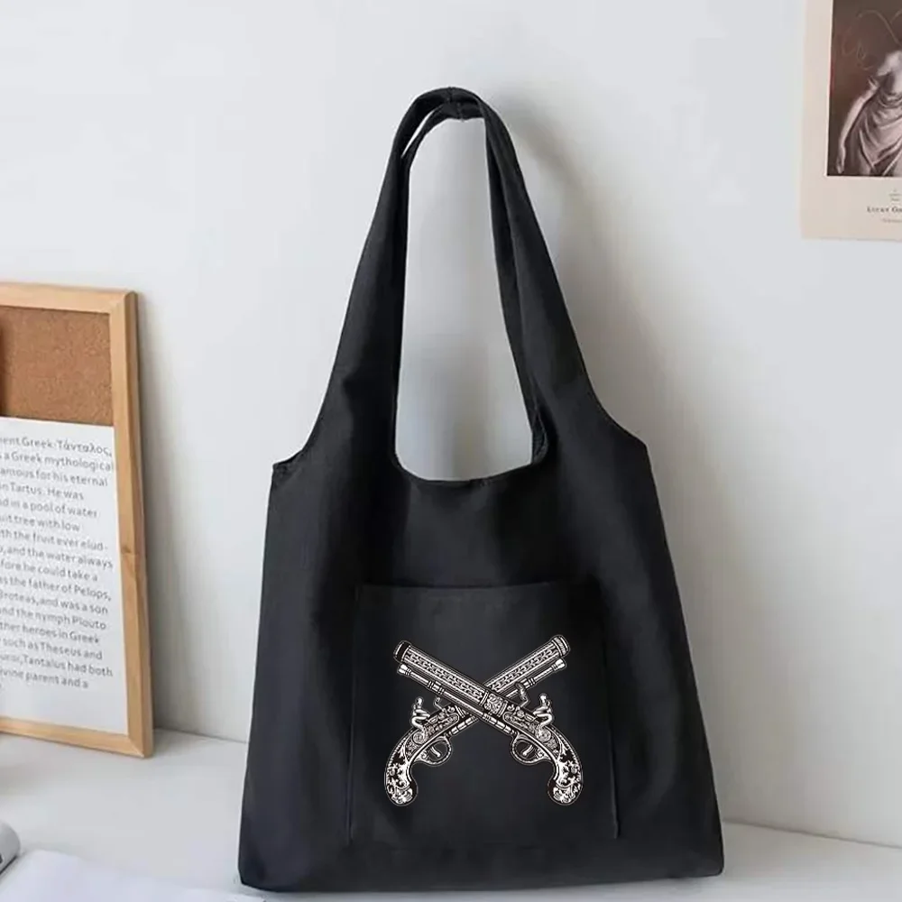 Trendy Shopping Bags Foldable Ladies Canvas Shoulder Bags Skull Printed Student Shopper Bags Travel Totes Work Handbag