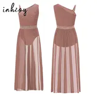 Vestido de baile lírico moderno para niñas, traje de actuación de gimnasia y Ballet, leotardo de malla transparente con abertura lateral y diamantes de imitación, Ropa de baile