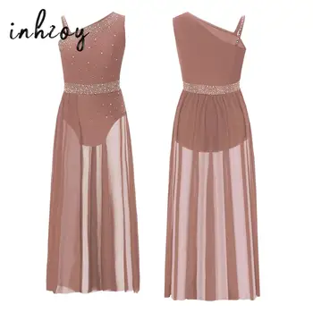 Crianças meninas moderno vestido de dança lírica ballet ginástica desempenho traje strass lado split pura malha collant dancewear