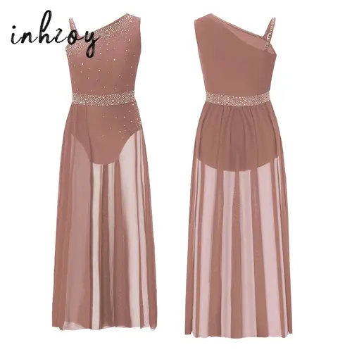 Vestido de baile lírico moderno para niñas, traje de actuación de gimnasia y Ballet, leotardo de malla transparente con abertura lateral y diamantes de imitación, Ropa de baile