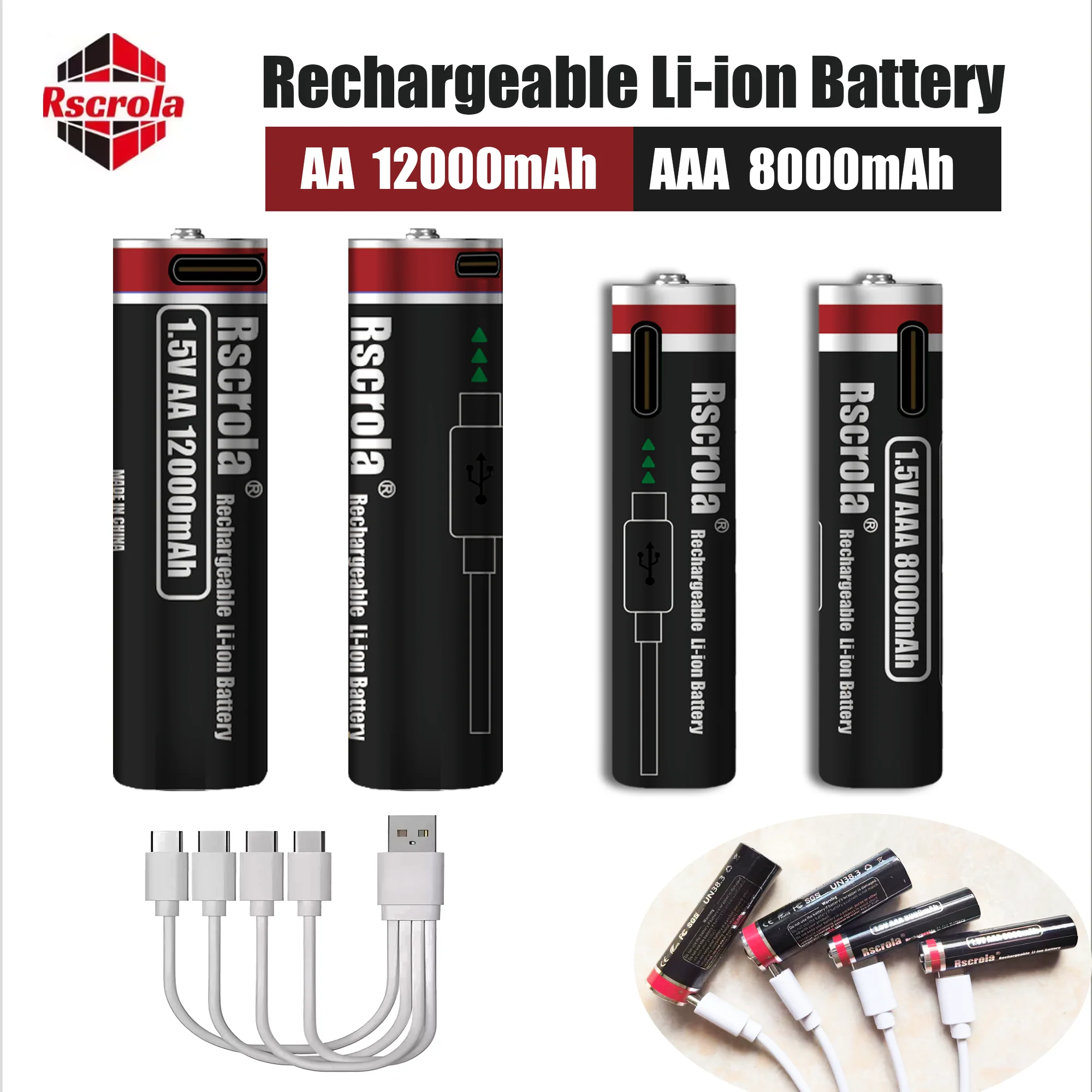 Batterie AA Rechargeable Li-ion type-c 1.5V, 12000mAh/batterie AAA 8000mAh haute capacité, pour appareil photo/souris/contrôleur Xbox/jouets