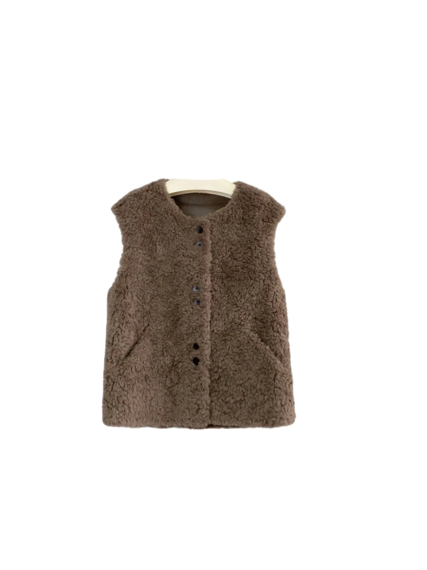 

Maple sugar gingerbread round-neck pure wool vest, sheepskin and fur one-piece women's autumn and winter new loose vest short co