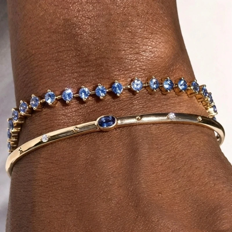 2pc Stackable Blue Cubic Zirconia Bracelet Set Gold Color Bangle Tennis Bracelet For Women Daily Wear Party Wedding Jewelry Gift