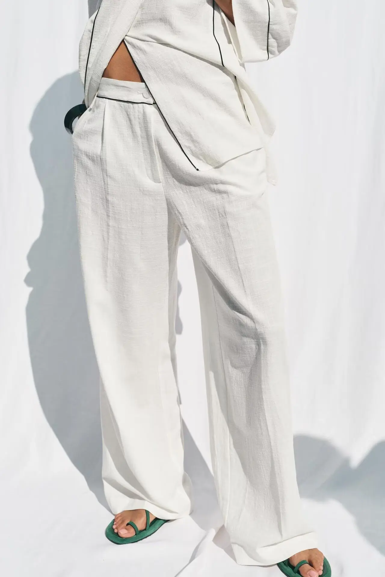 

BB6487 ZA25 summer new European and American style casual high waisted rolled edge wide leg pants 8372264