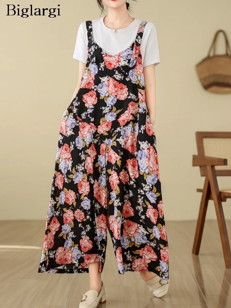 

Oversized Flower Print Summer Sleeveless Slip Jumpsuit Women Modis Loose Wide Leg Pleated Ladies Jumpsuits Casual Woman Jumpsuit