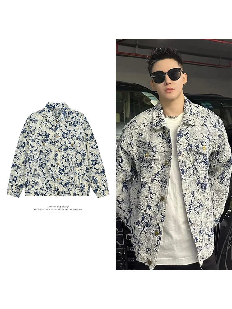 

Mr. WH Blue And White Porcelain Embroidered Jaet 2024 Trendy Men's Denim Jaet with Hook Embelliment Waed Collar Jeans...