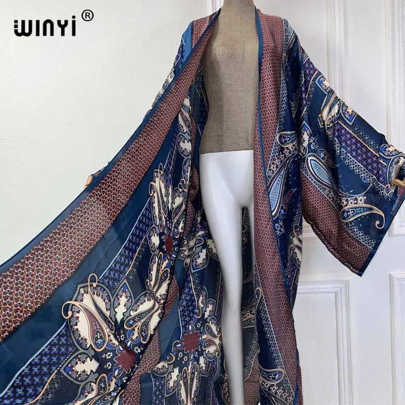 WINYI 2024 summer kimono boho print beach cover up Swim Suit elegant African women boho Cardigan sexy Holiday silk feeling dress