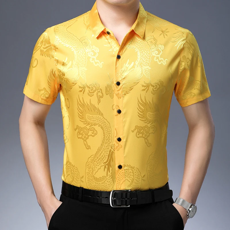 Dragon Totem Jacquard Silky Shirts For Men Short Sleeve Coolness Summer High Quality Soft Comfortable Anti-Wrinkle Chemise Homme