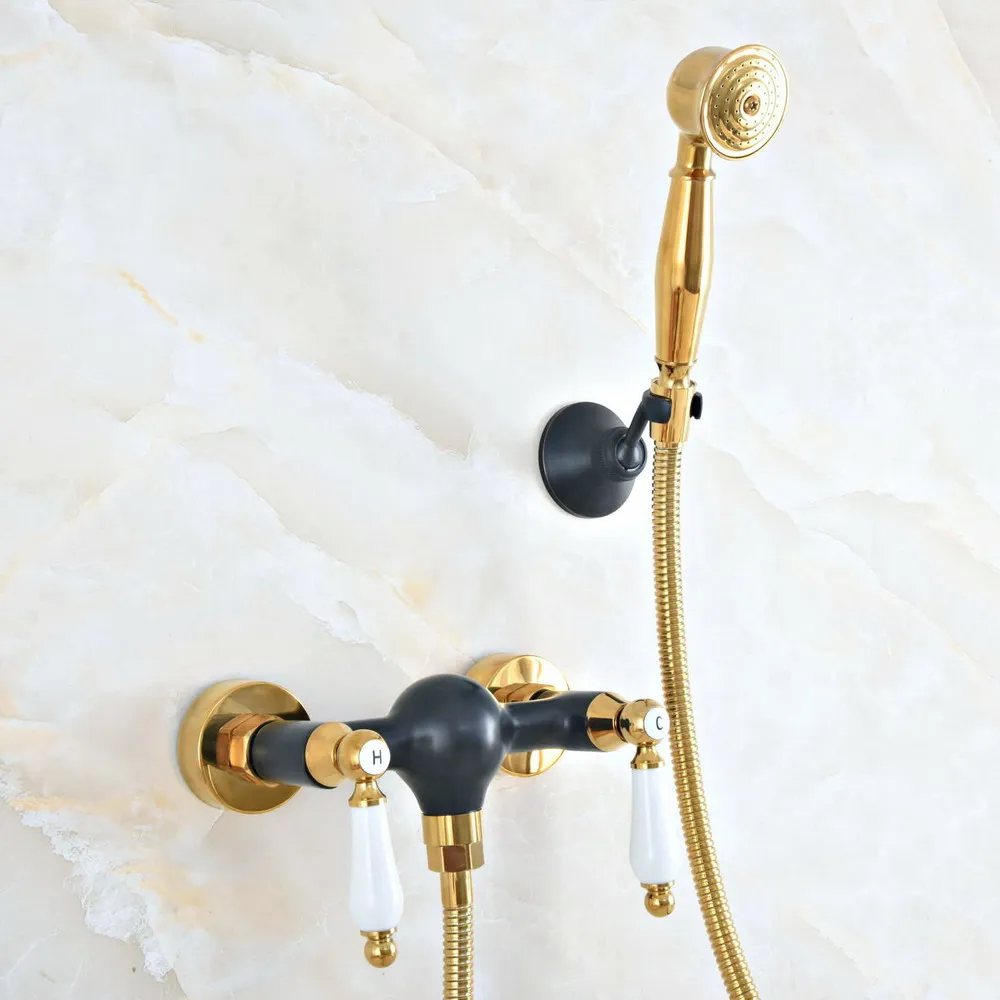 

Black Oil Rubbed & Gold Brass Wall Mount Bathtub Faucet with Handheld Shower Set +1500MM Hose Mixer Tap 2na499