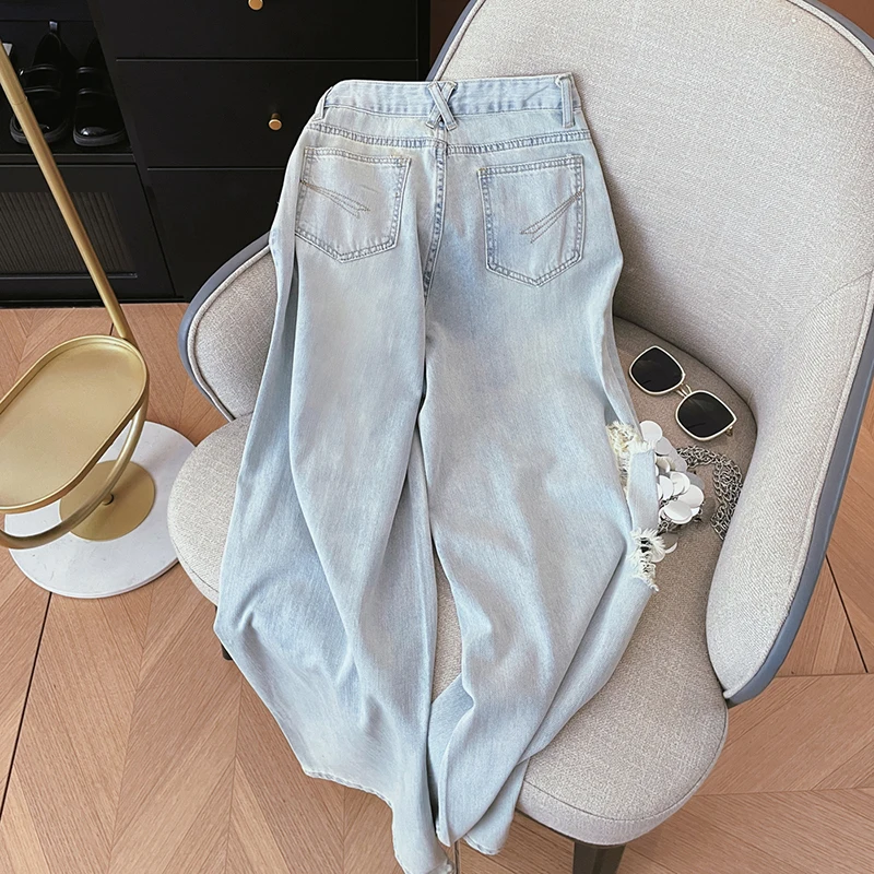 Heart-Shaped Hole Embroidery Retro Straight Jeans Women Summer Design High Waist Loose Wide Leg Pants Denim Pants