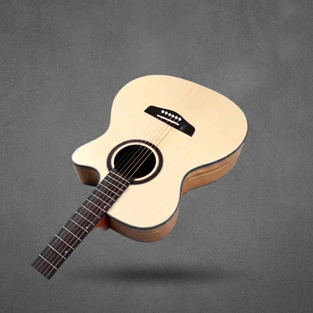 Dot Inlay Acoustic Guitar, 6 Strings, Cutaway, Natural Top Dark Back, White Binding, Chrome Tuners, Bridge Pins for Practice