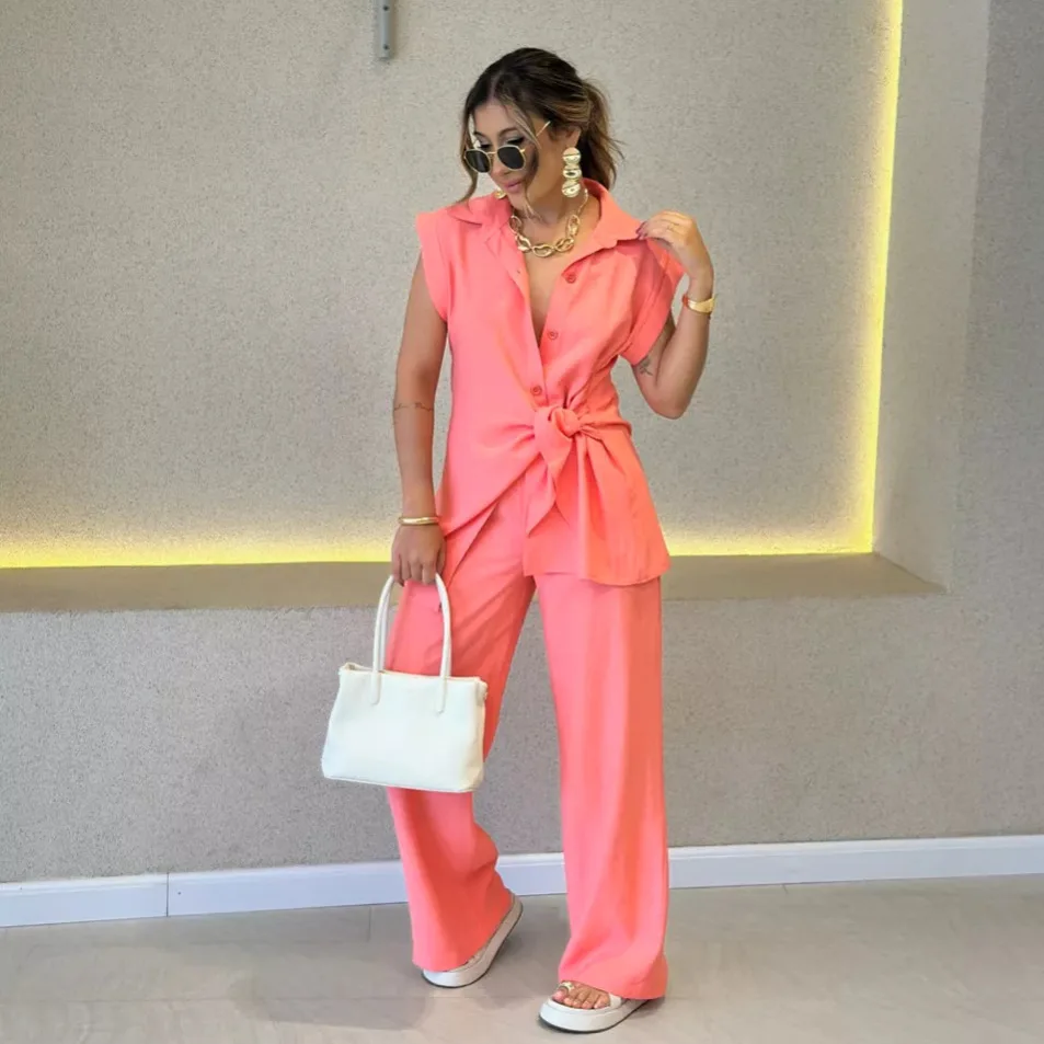 Women Tie Waist Short Sleeve Top Two-Piece Set High Waist Casual Pants Matching Set Relaxed Co-Ord Set Chic Coord Outfit Set