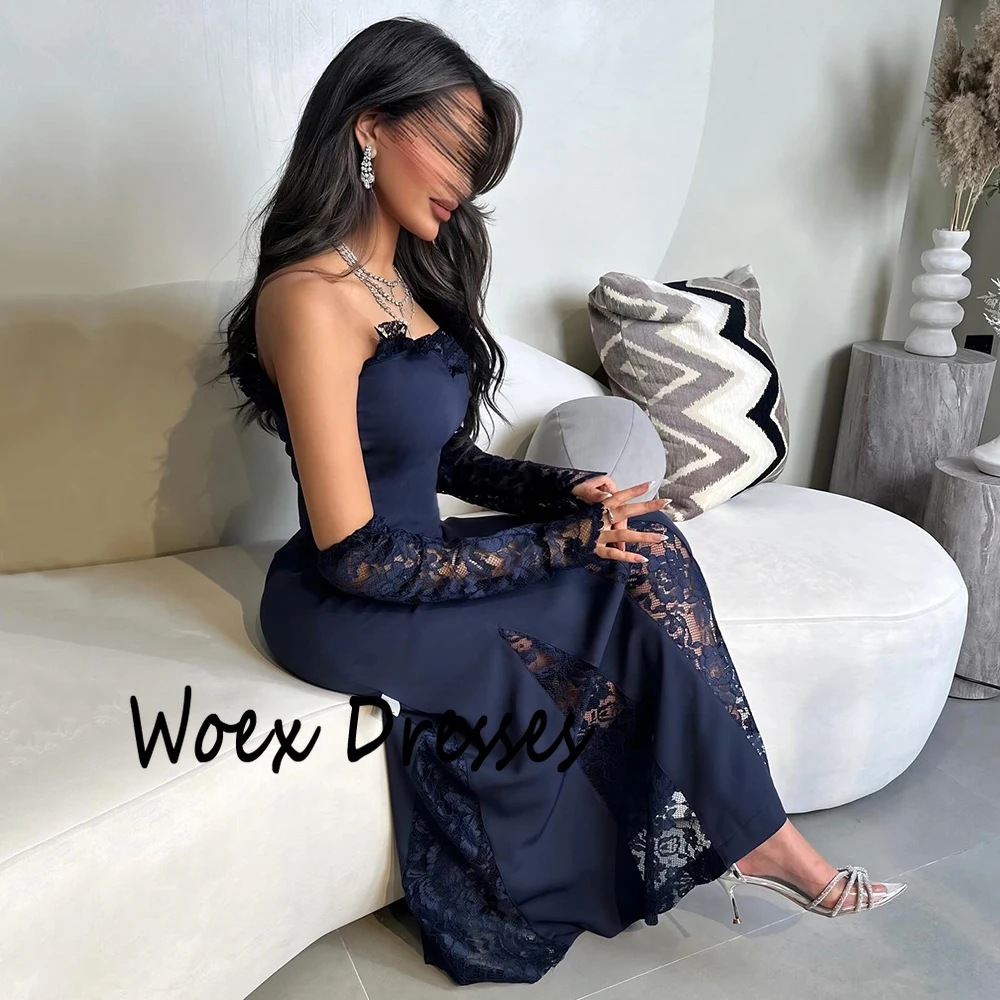 Abito da sera a sirena in jersey senza spalline blu navy personalizzato ILLUSION Abito da festa senza schienale in pizzo Abito da ballo alla caviglia per le donne