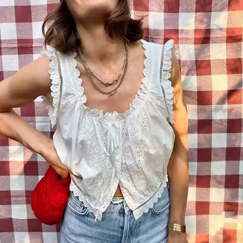 Blusa blanca de algodón para mujer, Camisa sin mangas con botones y volantes, estilo bohemio, elegante, para verano