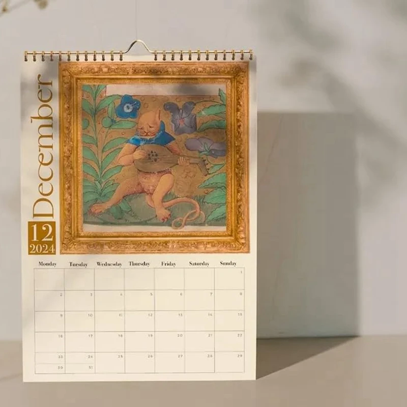 Weird-calendario de pared de gatos medievales para oficina, regalo para el hogar, papel recubierto, 2024, 12 meses