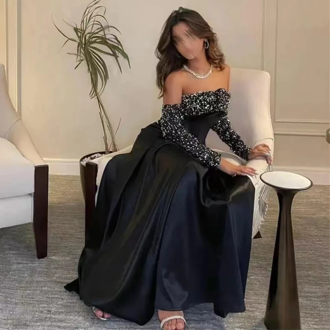 

Santorini Black Satin Vestidos Prom Dresses Strapless Sequins Long Sleeves Evening Party Formal Occasion Dress A Line Bride Gown