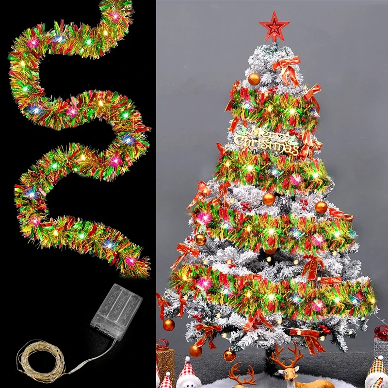 Sparkling Christmas Coloured Tinsel Garland with 50LED Ribbon String Lights Christmas Tree Indoor Wedding Party Holiday Decor