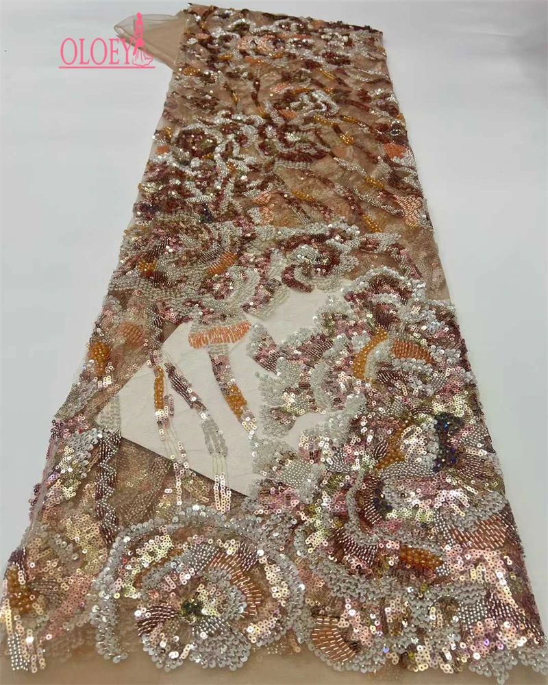 

Latest French Sequins lace Fabric 2026 High Quality Nigerian Beads Lace Fabric For wedding Party Dress Sewing