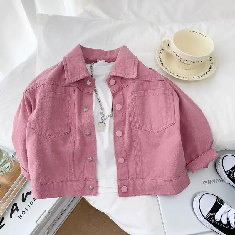 Boys Girls Denim cotton Jackets Pink Laple Tops Spring Autumn 2026 New Fashion Sweet Cute Coat Jacket Baby Girl Clothes 2-10Yrs