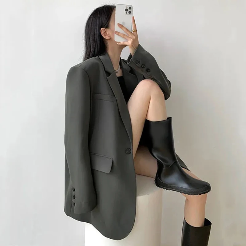 Zoki Vintage Harajuku Blazer Coat Women Casual Loose Long Sleeve Jackets Oversize Retro Simple Korean Office Lady Solid Suit Top