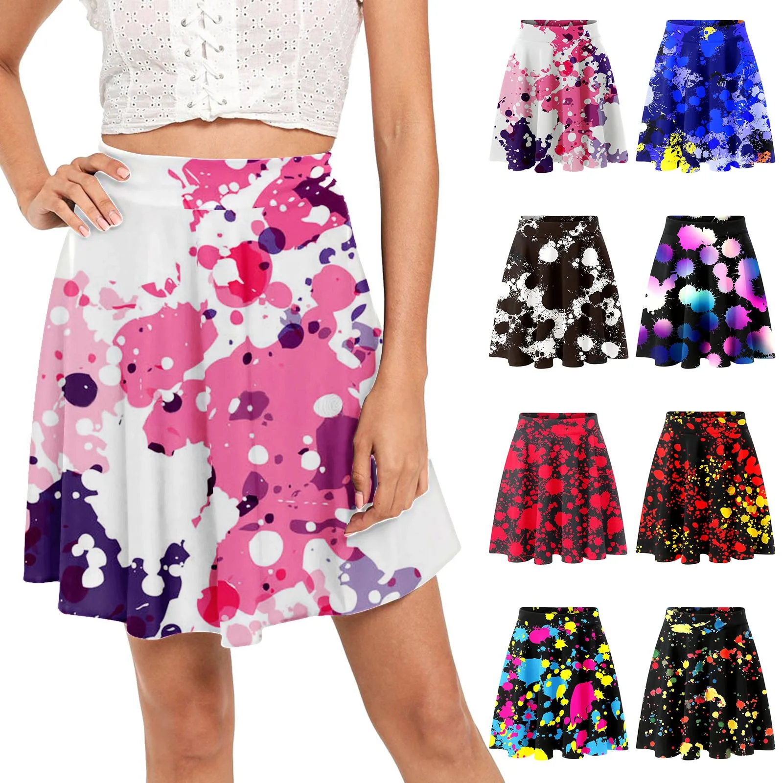 

Autumn Middle-aged Elderly Ladies Skirt Elastic Waist Ice Silk Double Layer Mid-length Flower Print Women Dancing Skirt