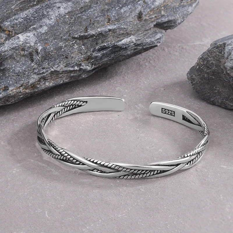 Neuer Vintage Thai Silber Geflochtener Gedrehter Armreif 925 Sterling Silber Schmuck Offene Armbänder SL008
