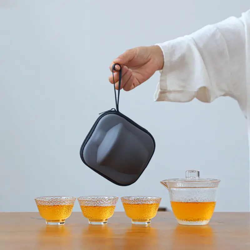 Portable Glass Travel Tea Set, Quick Cup, Camping, Outdoor Travel, Tea Brewing Teacup, One Teapot with Three Cups