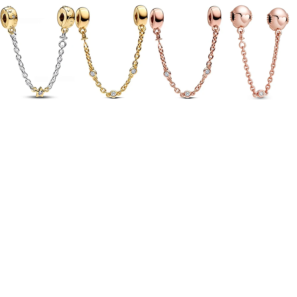 925 Sterling Silver Bead Triple Clear Stone Embossed Heart Safety Chain Charm For Fashion Women Bracelet Bangle Gift DIY Jewelry