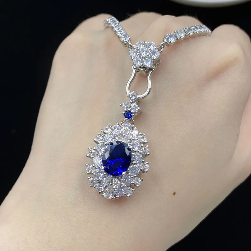 Blue Spinel Fluorescent Light Color-Changing Full Diamond Fashion Pendant Open Ring for Women Set Clavicle Chain
