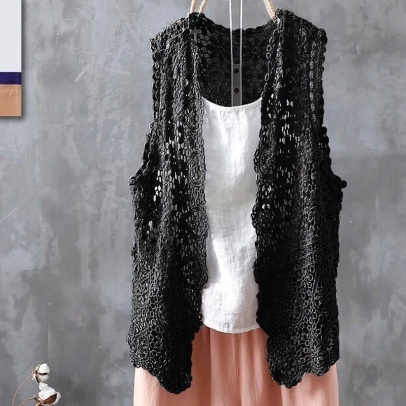 Women V-Neck Hollow Out Crochet Vest Female Sleeveless Jacket Cotton Lace Waistcoat Knitted Embroidery Cardigan Knit Vest Q311