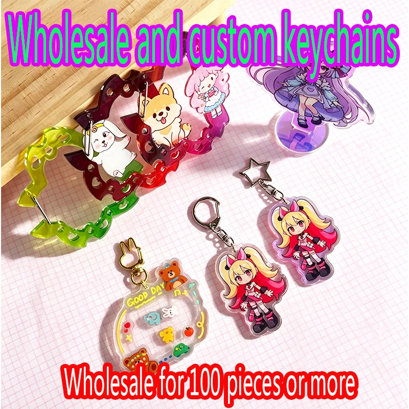 Custom Acrylic Keychain Personalized Logo Cartoon Pendant Photo Transparent Glitter Pendant Holographic Style Anime Keychain