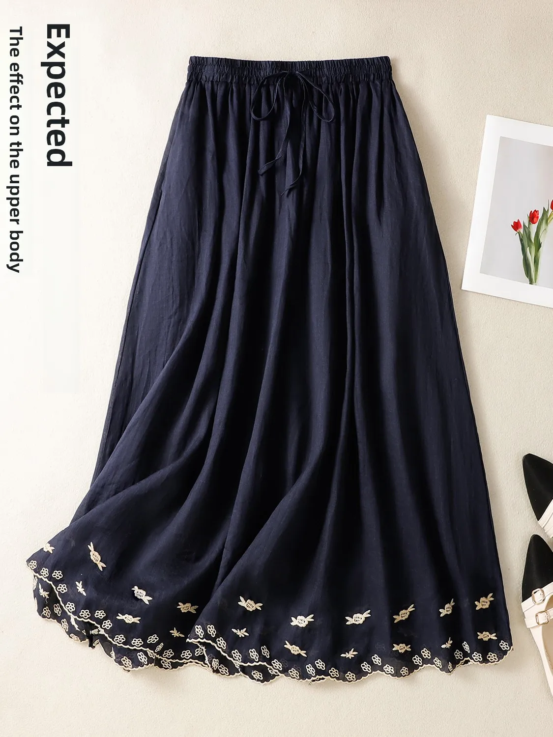 Ciężka haftowana lniana spódnica damska letnia, luźna, z wysokim stanem, wyszczuplająca, z bawełny i lnu, w kształcie litery A, typu parasol, codzienna, do pracy.