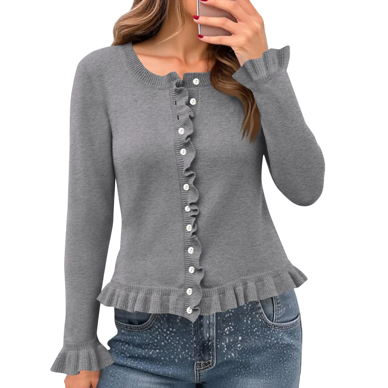 Sweter Pendek Warna Solid Fashion Kasual Wanita Atasan Ruffle Ropa Mujer Pulls Femmes Pakaian Musim Dingin Wanita одежда женская