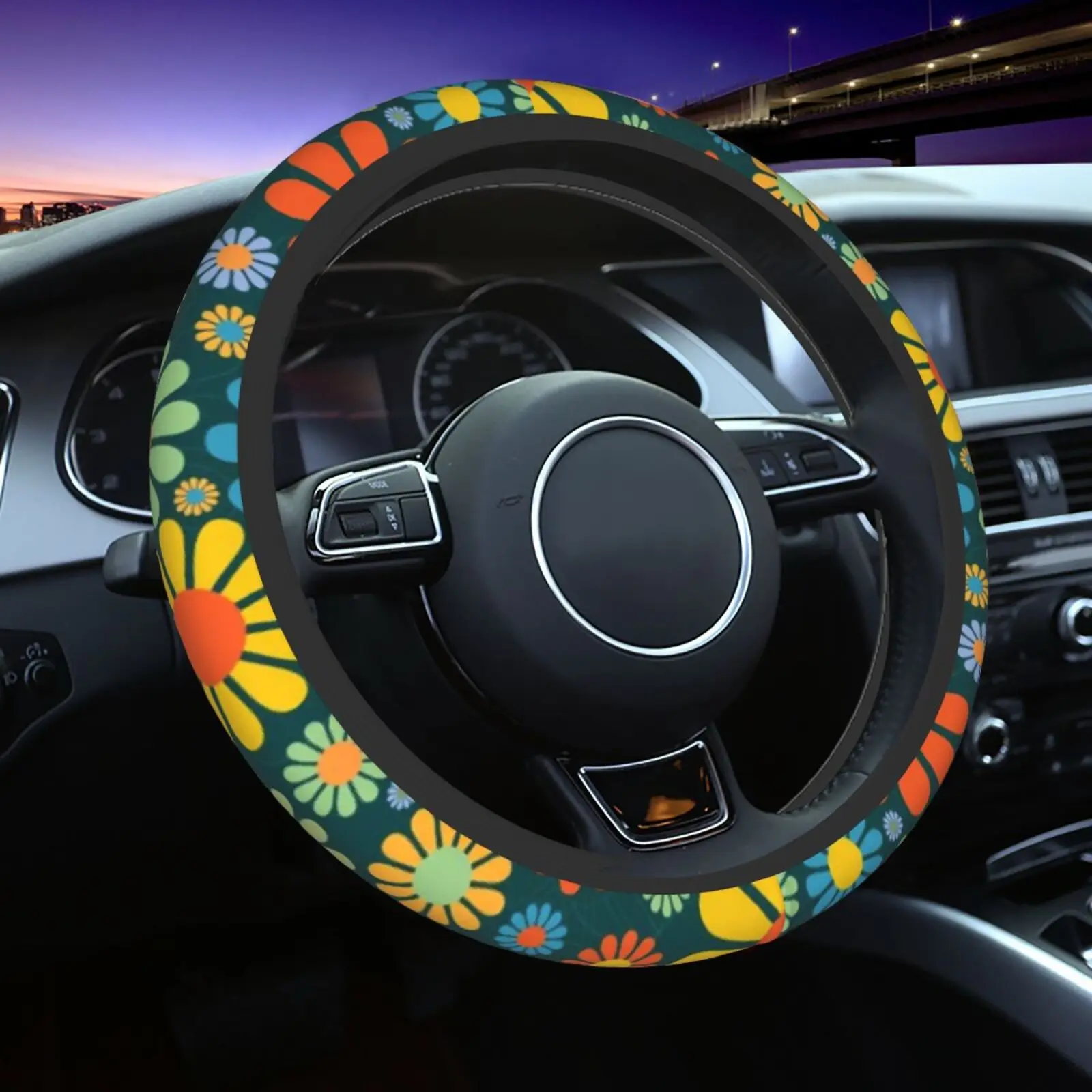 

Cartoon Daisy Pattern Steering Wheel Covers Anti Slip Elasticity Car Accessories Steering Wheel Protector Universal 15 Inch