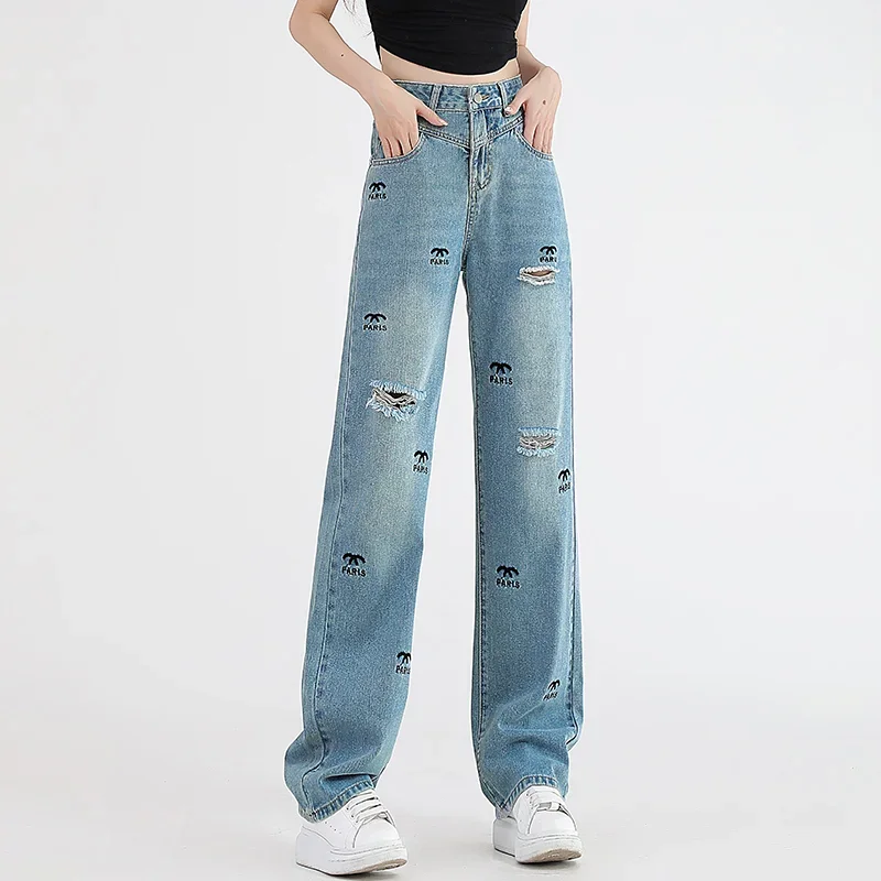 Retro blue perforated straight leg denim pants for women with high waist, new embroidered wide leg floor mopping denim pants