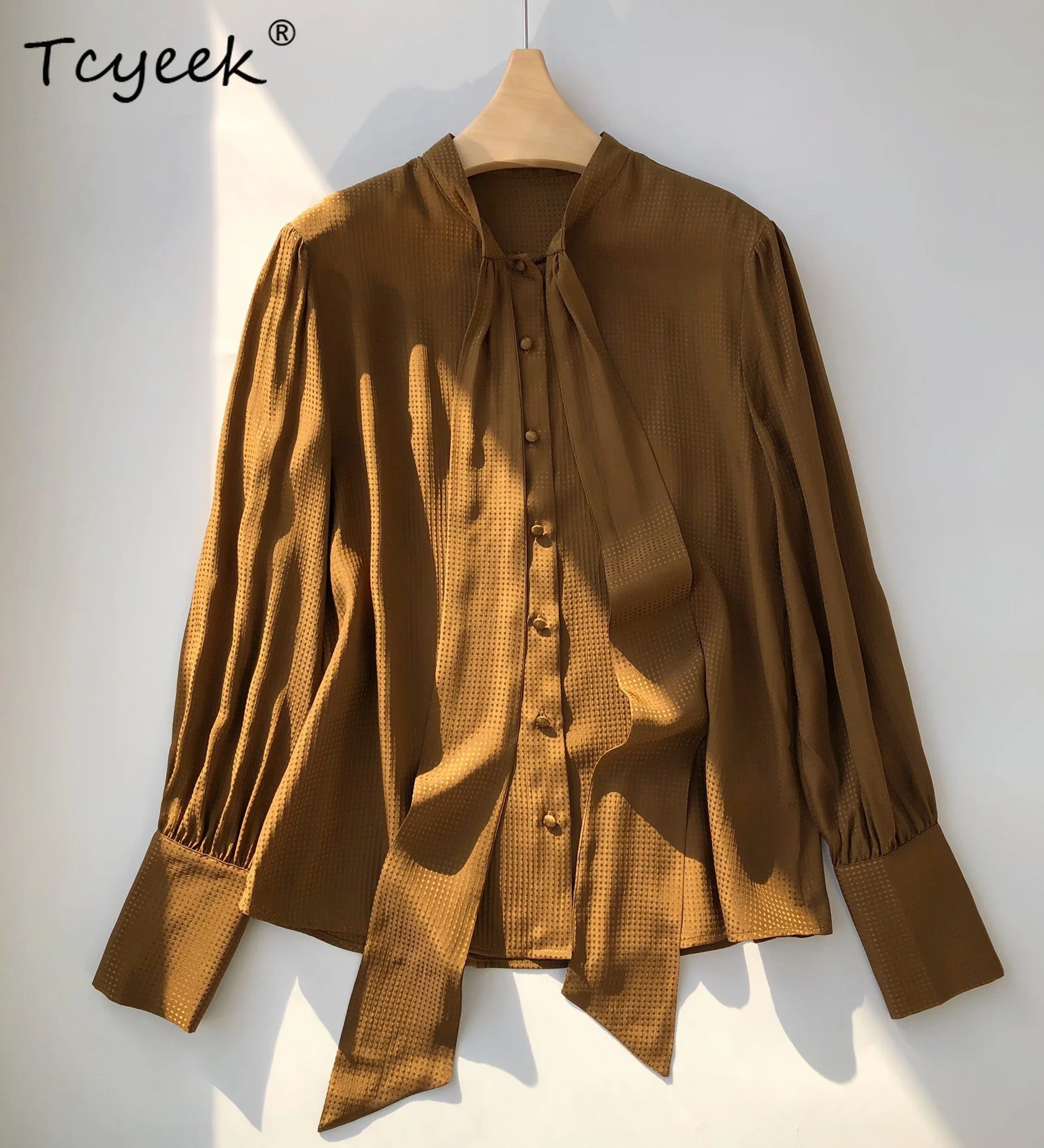 

Tcyeek 100% натуральный шелк жаккардовые женские блузки с ленточным воротником и длинным рукавом с бантом, шикарная рубашка, осень-зима, новый топ T3N686QM