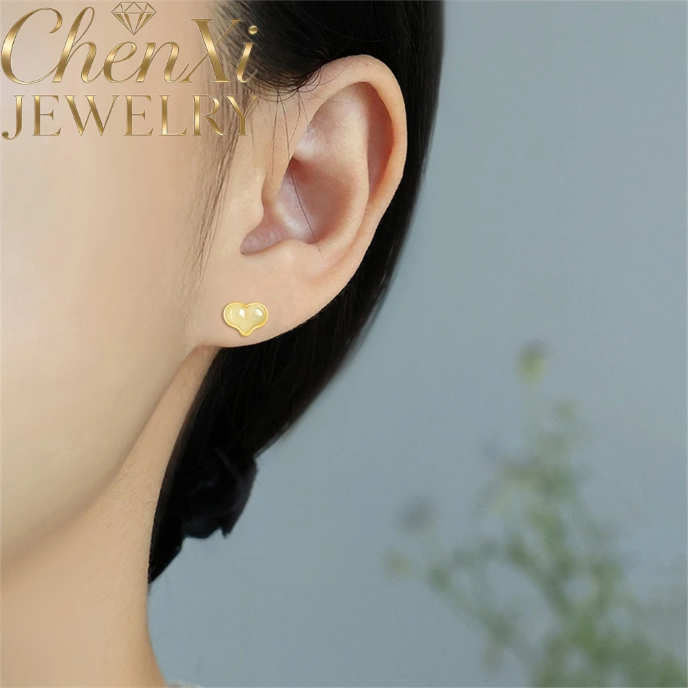 

Natural Old Hetian Jade Heart-Shaped Peach-Shaped Women's S925 Transparent Ice-Colored Gemstone Elegant Simple Earrings Jewelry