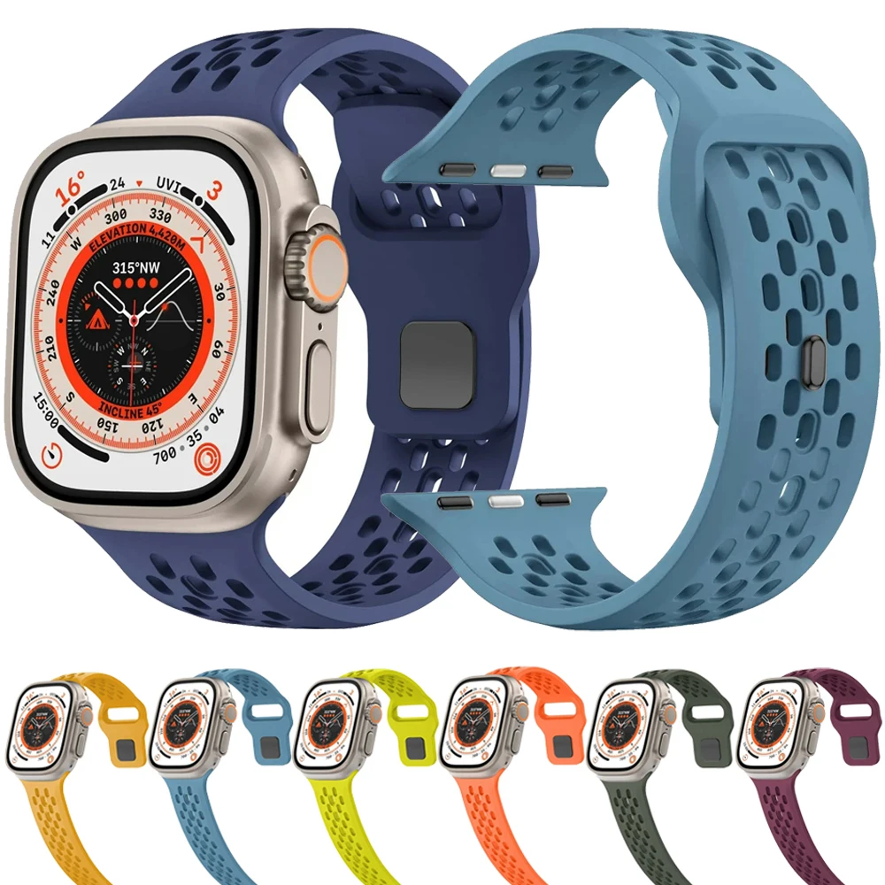 

Silicone Strap for Apple Watch Ultra 2 Band 49mm 46mm 45mm 44mm 42mm 41mm 40mm Breathable wristband iWatch Series 10 9 8 7 6 SE