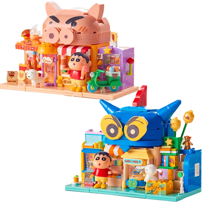 Anime Kawaii Cartoon Crayon Shin-chan Assembled Building Blocks Ornaments Small Particles Street Scene Female Birthday Gift