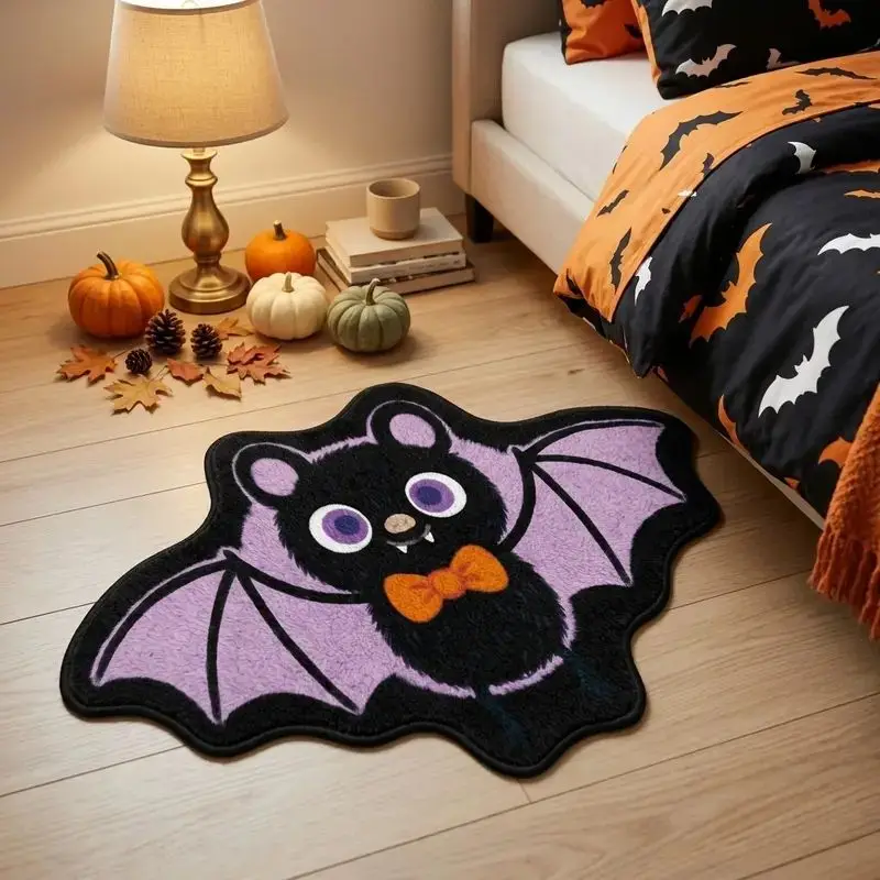 VIKAMA Cute Bat Shape Rug Soft Flannel Irregular Floor Mat Anti‑slip Halloween Carpet For Bedroom Entrance Holiday Home Decor